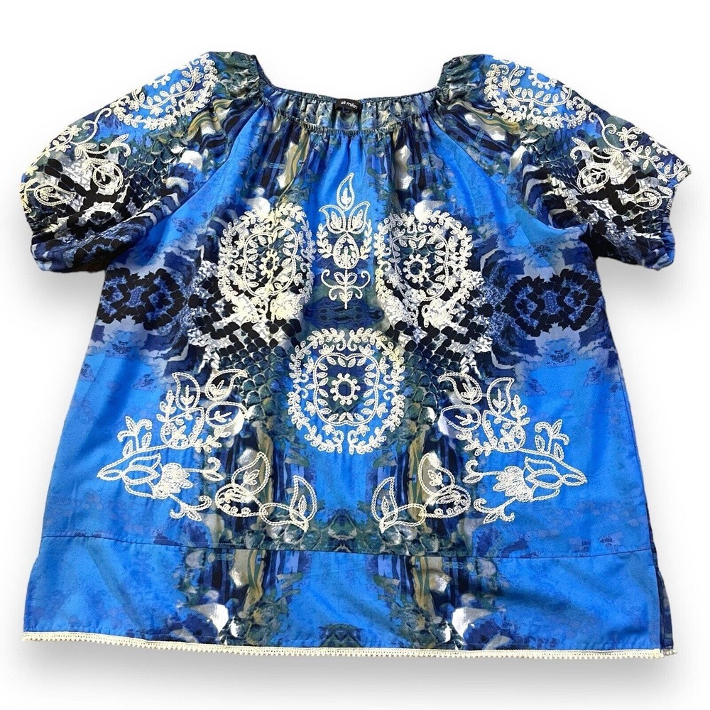 Ali Miles Plus Sz Blouse Womens 2X Blue Embroidered Long Balloon Sleeve Peasant​